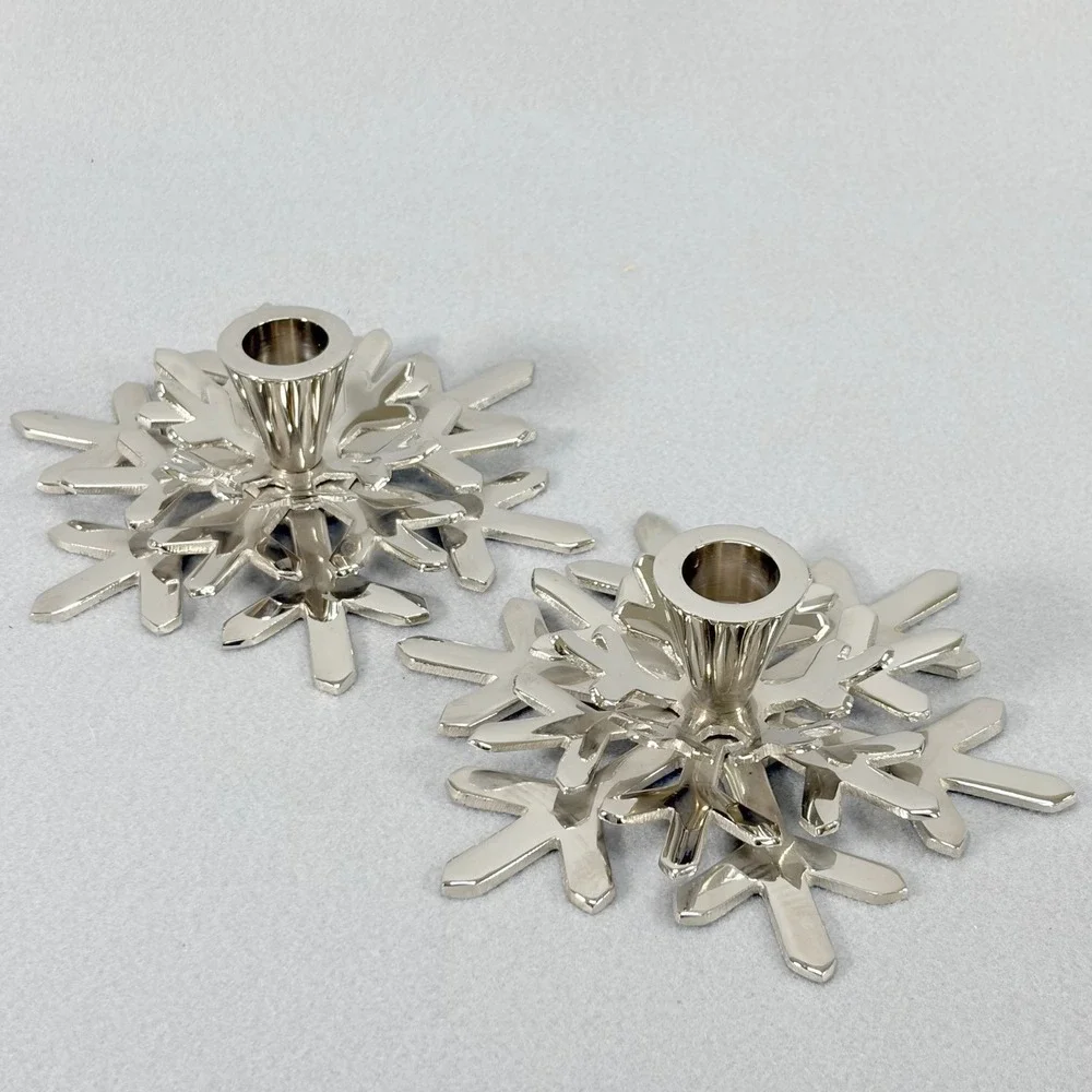 Crate & Barrel Pair Shiny Snowflake Taper Candle Holders Silver Festive Holiday